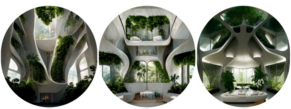 The sketches embark on an architectural exploration of residential buildings, leveraging the capabilities of Midjourney AI. This endeavor seeks to reconceptualize the application of biomaterials such as Mycelium (a special blend of mushroom roots and crop waste, that could grow and self-assemble in 3D-printed PLA molds), transforming it, from a mere structural element, to a multifaceted platform capable of sustaining food gardens. The initiative aspires to craft an integrated ecosystem, intertwining built environments with sustainable agricultural practices to forge a symbiotic relationship between structure and nature.